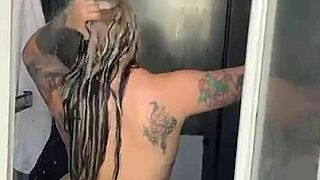 Alina Modelista's tattooed blonde body glistens in sexy clean shower bathing seduction