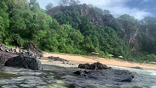A Horny Milf Grabs Stranger's Big Cock On Beach For Public Handjob Cumshot Into The Sea