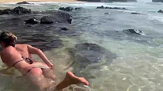 A Horny Milf Grabs Stranger's Big Cock On Beach For Public Handjob Cumshot Into The Sea
