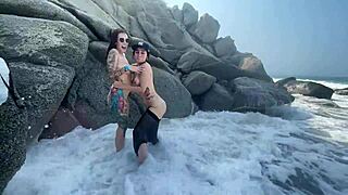 two colombian bitches ride lucky guy hard right on the beach