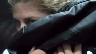 hot babe drops to knees for sloppy blowjob right in front of the mirror on holiday