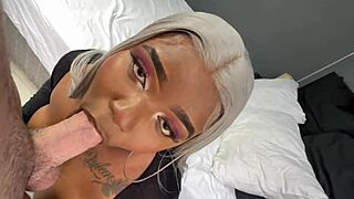 Thick ebony milf gags deep on white cock begs creampie in wet pussy