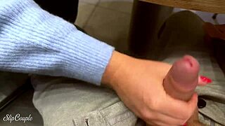 Cute babe's sloppy deepthroat blowjob after table handjob ends with cum gulp in public toilet
