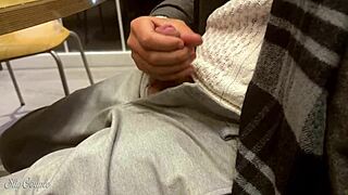 Cute babe's sloppy deepthroat blowjob after table handjob ends with cum gulp in public toilet