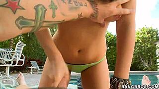 poolside amateur babe fingers and jerks that throbbing cock nice and slow.