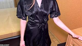 Skinny young wife in bra and panties teases hubby with dirty talk and fingering on bed