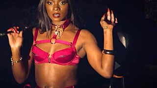 ana foxxx sexy ebony milf poses in red lingerie in dark