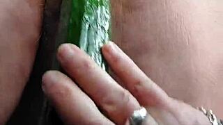 granny slut rams hairy pussy with thick cucumber in kitchen