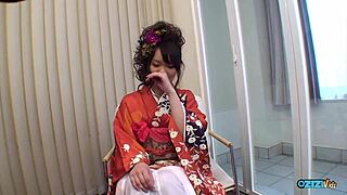 Geisha Asian Babe Flashes Cunt in Interview Before Pussy Fingering