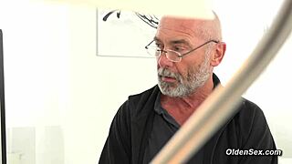 horny old man bends blonde teen secretary over office desk for doggystyle pounding