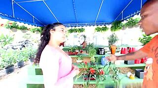 Prada's huge south african tits bounce wildly during risky public deepthroat blowjob.
