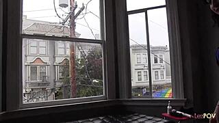 Two horny mature lesbians seduce and toy with a college cutie by the window