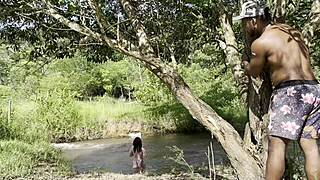 albina fucks stranger raw outdoors after he jerks off watching her huge tits ass