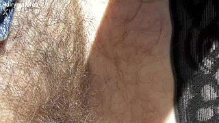 Hairy mature woman flashes in public car setting