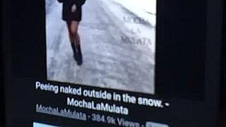 Ebony beauty braves snowy outdoors for wild fun like mine