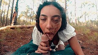 A teasing forest walk turns into deepthroat gagging on big black cock for curvy latina teen submissive