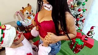stepsister pays penance at christmas sucking stepdad's cock while he watches her obey