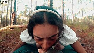 A teasing forest walk turns into deepthroat gagging on big black cock for curvy latina teen submissive