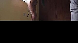 blindfolded woman in tight black leggings moans loud while getting punished hard