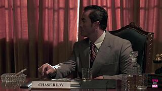 gentleman from the 1920s hosts wild office orgy with deepthroat cowgirl and pussy licking frenzy