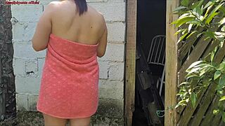 shower breaks so busty brazilian wife calls farmhand in towel and fucks his big cock