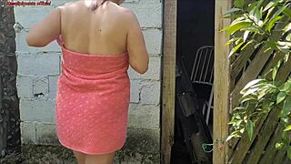 shower breaks so busty brazilian wife calls farmhand in towel and fucks his big cock
