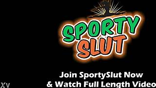 Skinny legs showcase amazing round ass and puffiest lips in one-piece swimsuit during workout