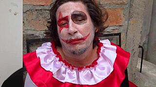 Yo check this clown banging two busty curvy milfs with big tits at halloween party
