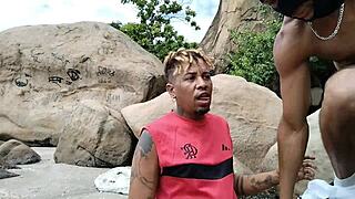 Outdoor airport public anal fucking muscular black Brazilian bodybuilder dominated as female