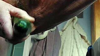 Grandma's Hairy Beaver Pulses with Joy as Cucumber Fucks Her Deep.