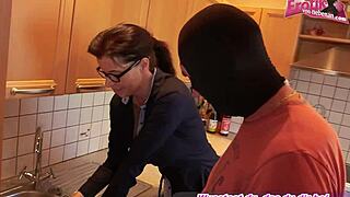 german horny milf with glasses fucks in kitchen