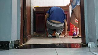 i get the plumber neighbor bareback riding my skirtless pussy in bathroom