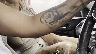 unknown curvy blonde climbs into my car for wet blowjob handjob cum in mouth swallow and fat tits play