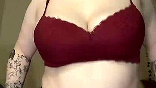 Chubby babe strips see-through bra then fucks huge BBC dildo squirting wildly