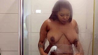 Skinny Ebony Milf Squirts Big Tits and Pussy Lips in Shower Fuck