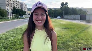 Beauty strips for public mountain creampie after forest doggystyle fuck