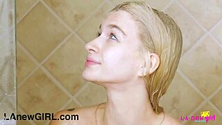 petite blonde feels bliss after her warm inviting shower