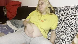 whoa, that swollen belly massage on the couch has her burping and moaning with big natural tits 😩🍑