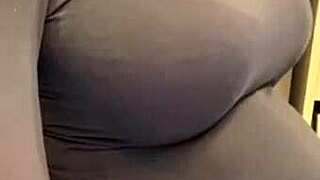 pregnant stepmom yanks milky natural tits from red bra for licking