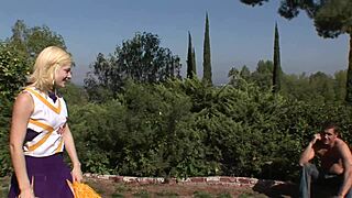 cheerleader in fishnets bends over outdoors for milf cougar's anal finger then sucks my huge cock hard
