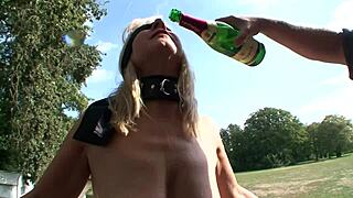 Blonde slave slut double tortured in brutal BDSM domination closeup