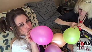 Blonde Lesbian Teens Play With Balloon In Homemade Video