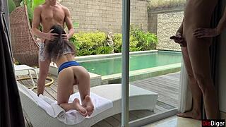 Skinny Brunette Rides Stranger Doggystyle by Pool