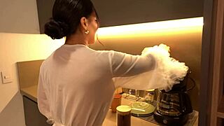 a busty latina brunette gets surprised by a muscular burglar and they fuck hard in her bedroom