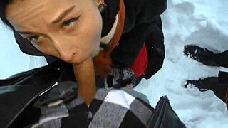 Two girls share cock warmth outdoors in snowy fun