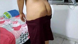 Touching her big tits and sliding cock into tasty brunette's ass