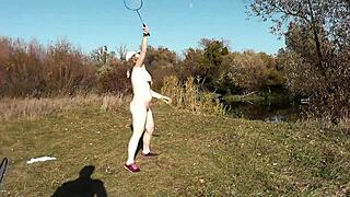 autumn sport milf frina strips naked outdoors for naked badminton doggy!
