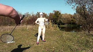 autumn sport milf frina strips naked outdoors for naked badminton doggy!