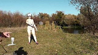 autumn sport milf frina strips naked outdoors for naked badminton doggy!