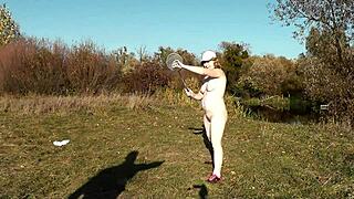autumn sport milf frina strips naked outdoors for naked badminton doggy!